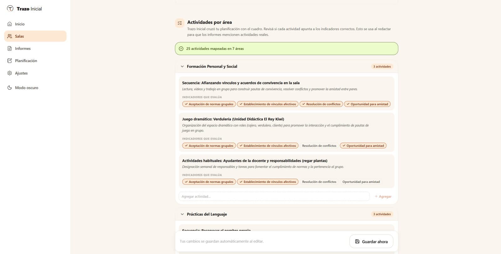 Actividades de la planificación cruzadas con los indicadores que evalúan